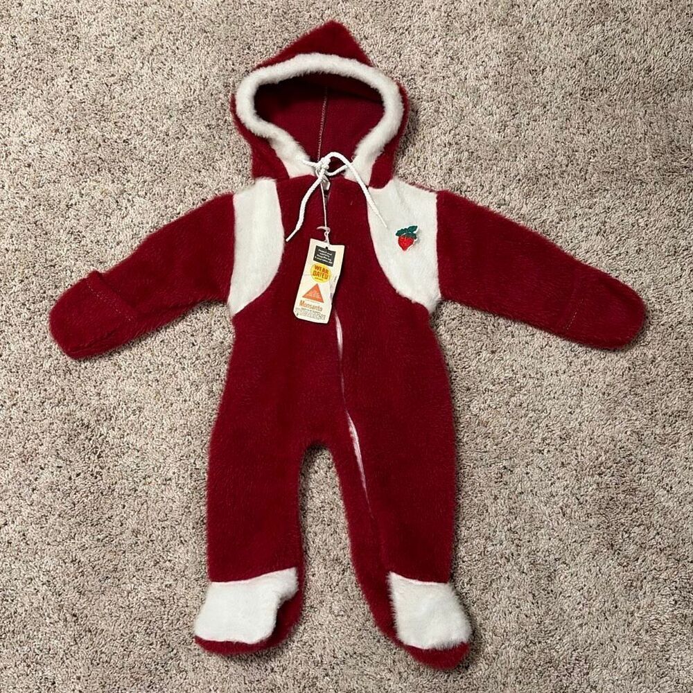 Vintage 70s Red & White Fuzzy‎ Baby Snowsuit NWT Monsanto Wear-Dated